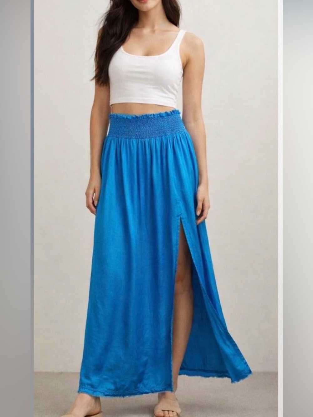 Aerie vibrant blue satin maxi skirt smocked waistband size Small